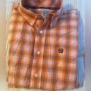 Cinch orange black white plaid long‎ sleeve button front shirt size medium